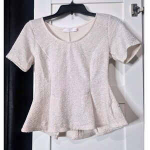 LUSH Ivory Sparkly Peplum Top Short Sleeve Metallic Textured Size S